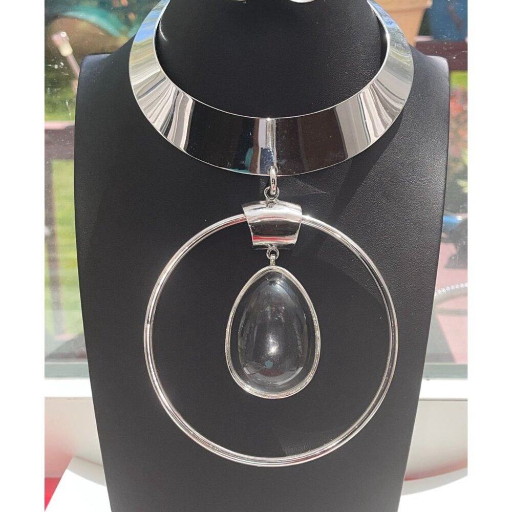 Trifari Space Age Chrome 60s Choker Necklace W/ Jelly Belly Lucite Pendant Insid